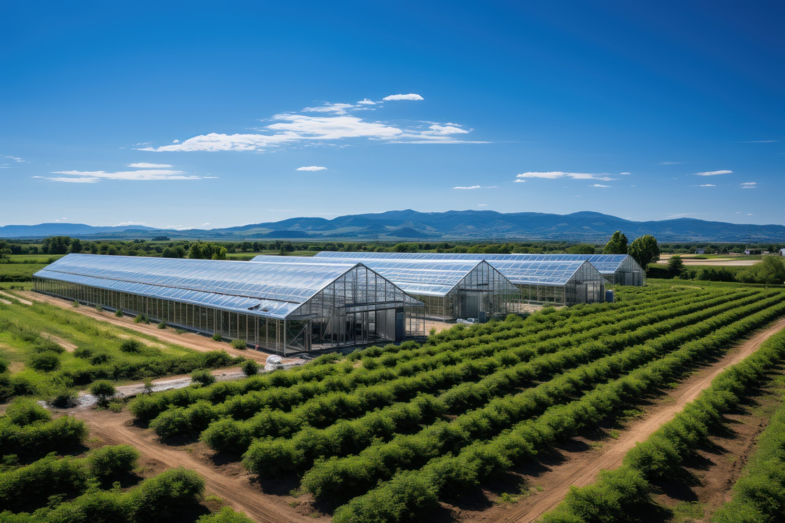 A wide-angle view of a hemp farm with cannabis plants, greenhouses, and a beautiful blue sky