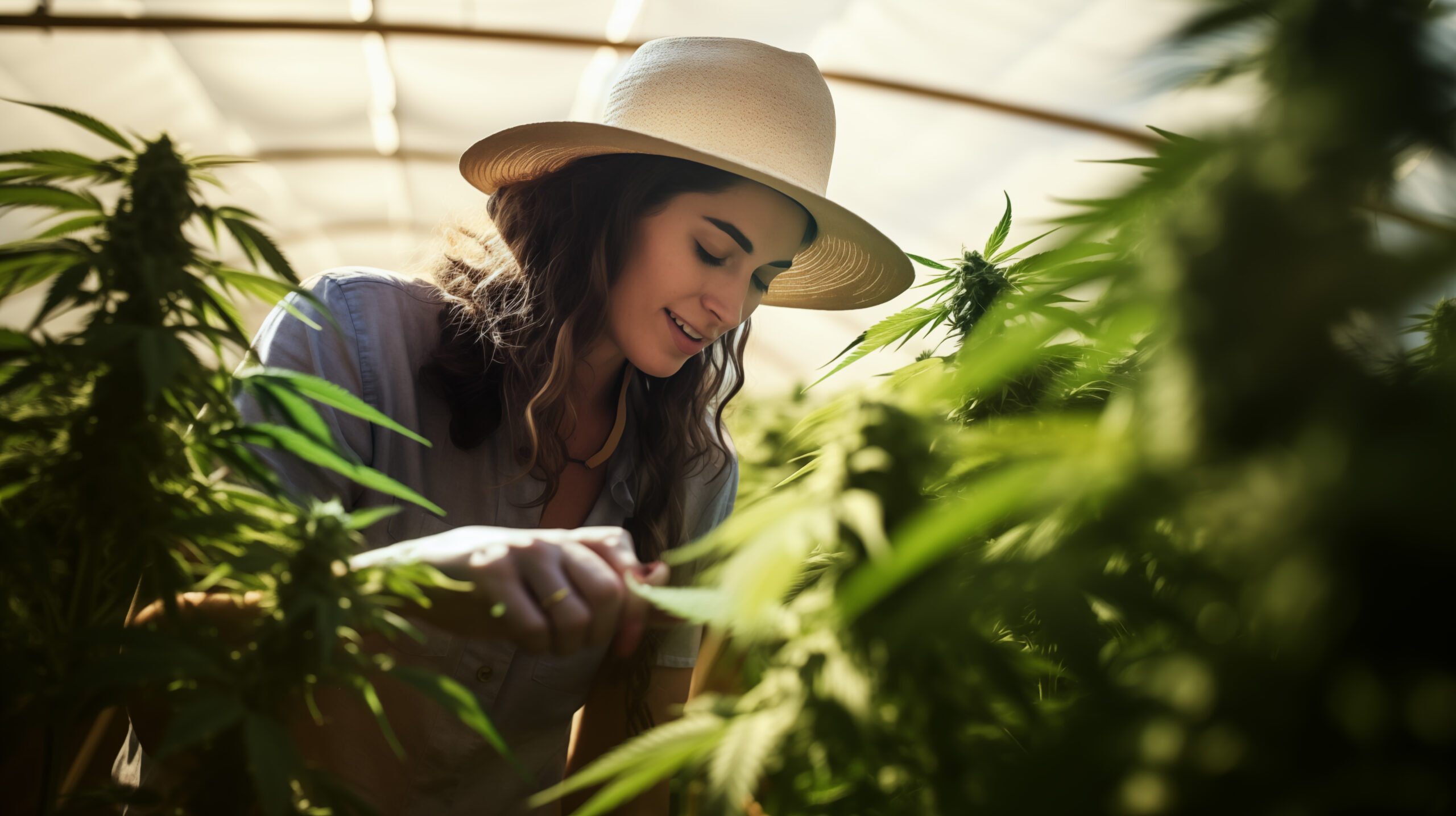 A cannabis farmer examining their marijuana harvest in a greenhouse