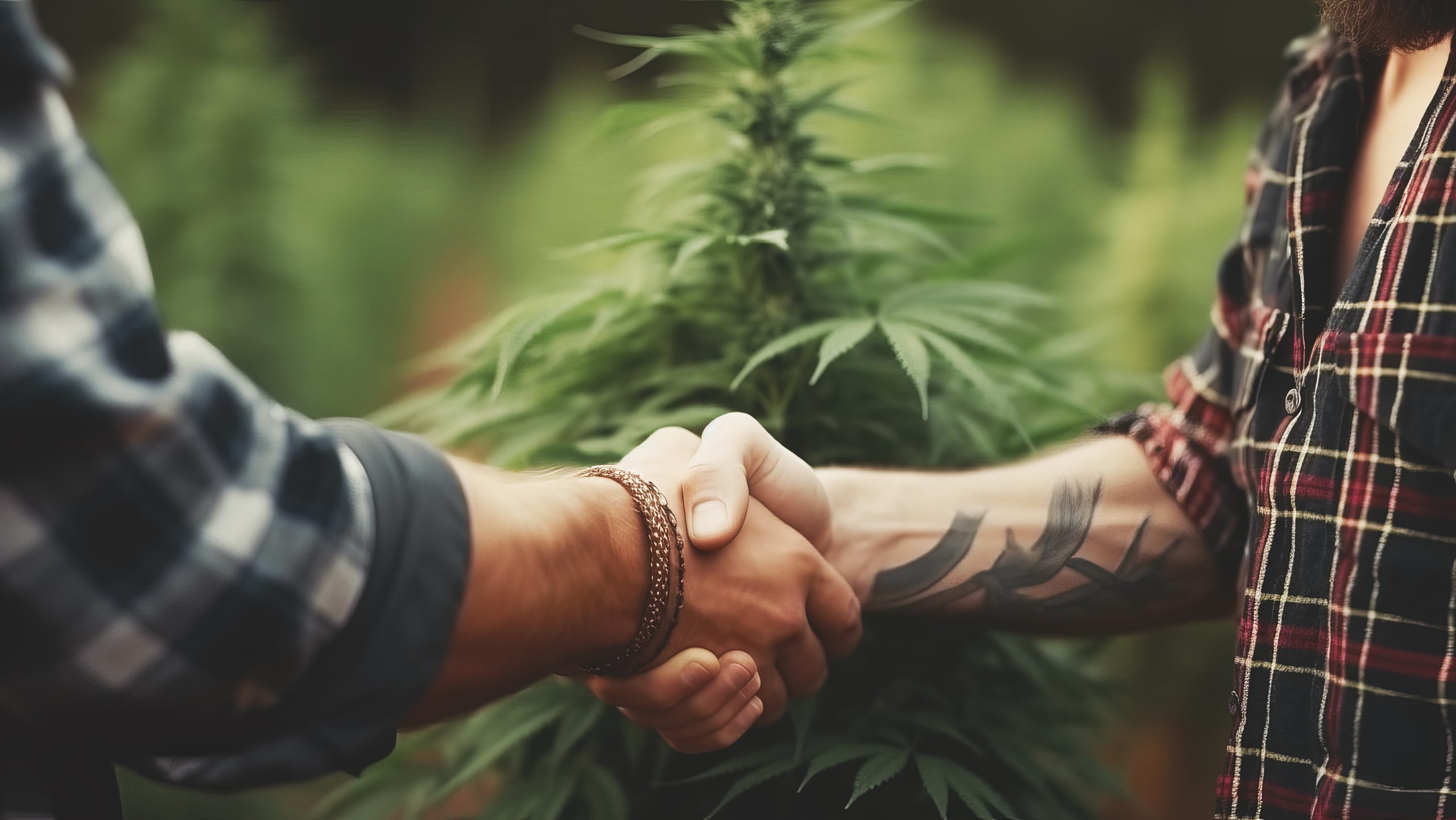 Two people shaking hands over a cannabis plant being grown in a farmer's field